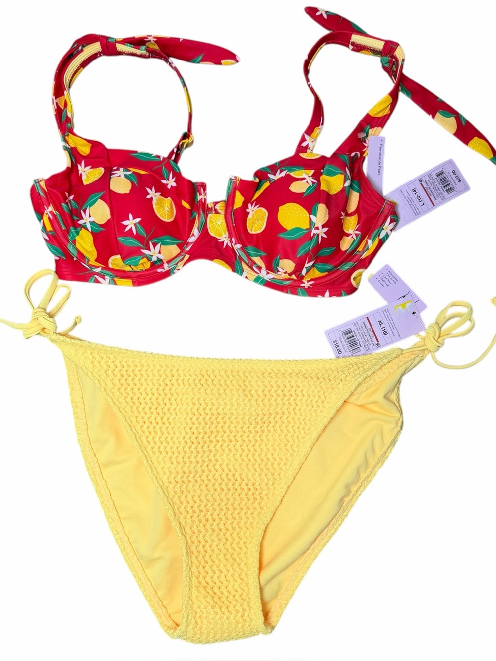 Wild Fable Bikini Set L Top / XL Bottom Red Lemon Print Underwire Tie Side NWT